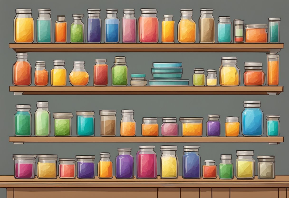 A table with various candle making supplies, including wax, wicks, fragrance oils, and molds, set against a backdrop of shelves filled with colorful jars and containers