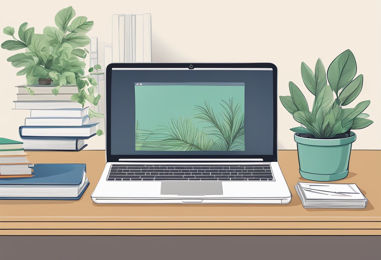 A laptop on a desk with a stack of books, a plant, and a notepad with sketches of website layouts