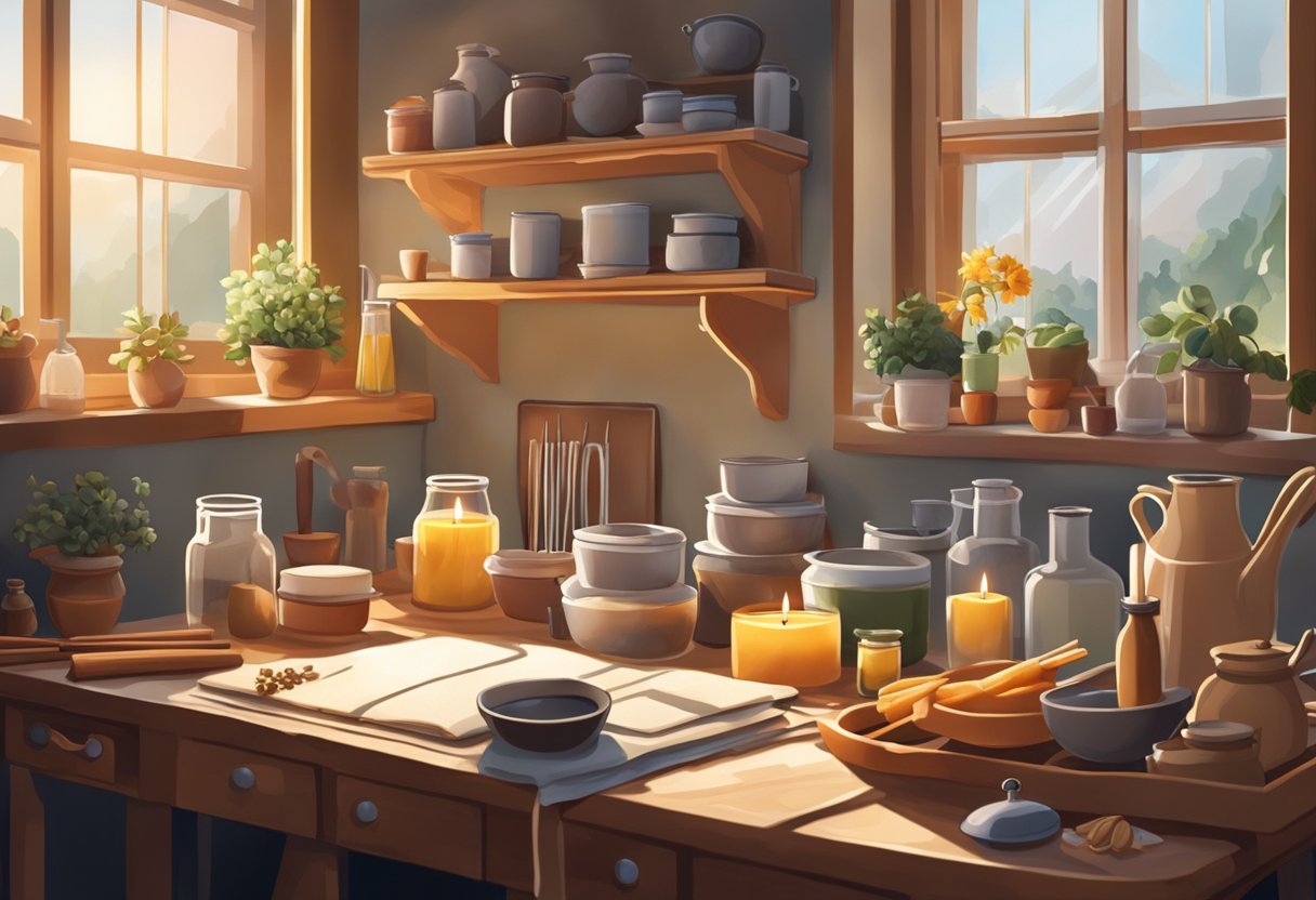 A cozy kitchen with various candle-making supplies spread out on the table, including wax, wicks, fragrances, and molds. A warm, inviting atmosphere with natural light streaming in through the window