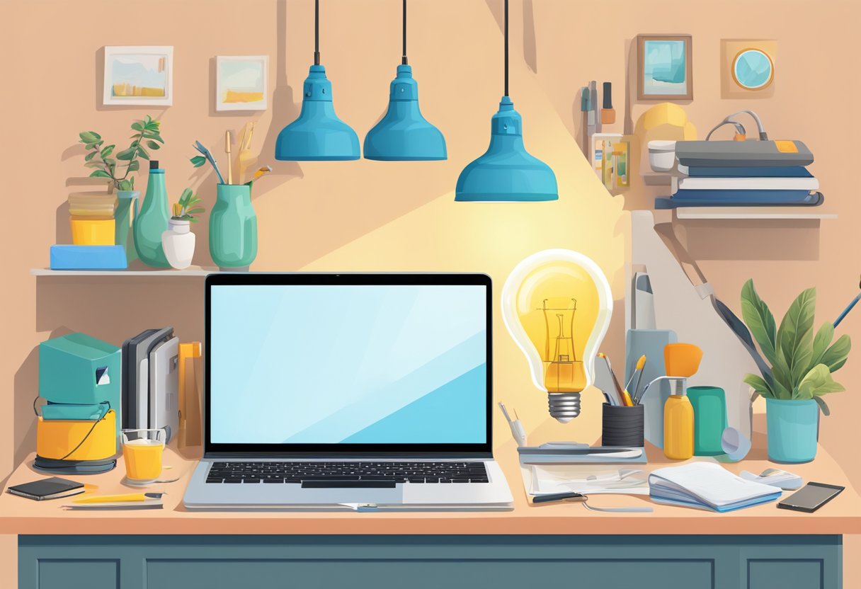 A laptop surrounded by various household items, with a lightbulb overhead