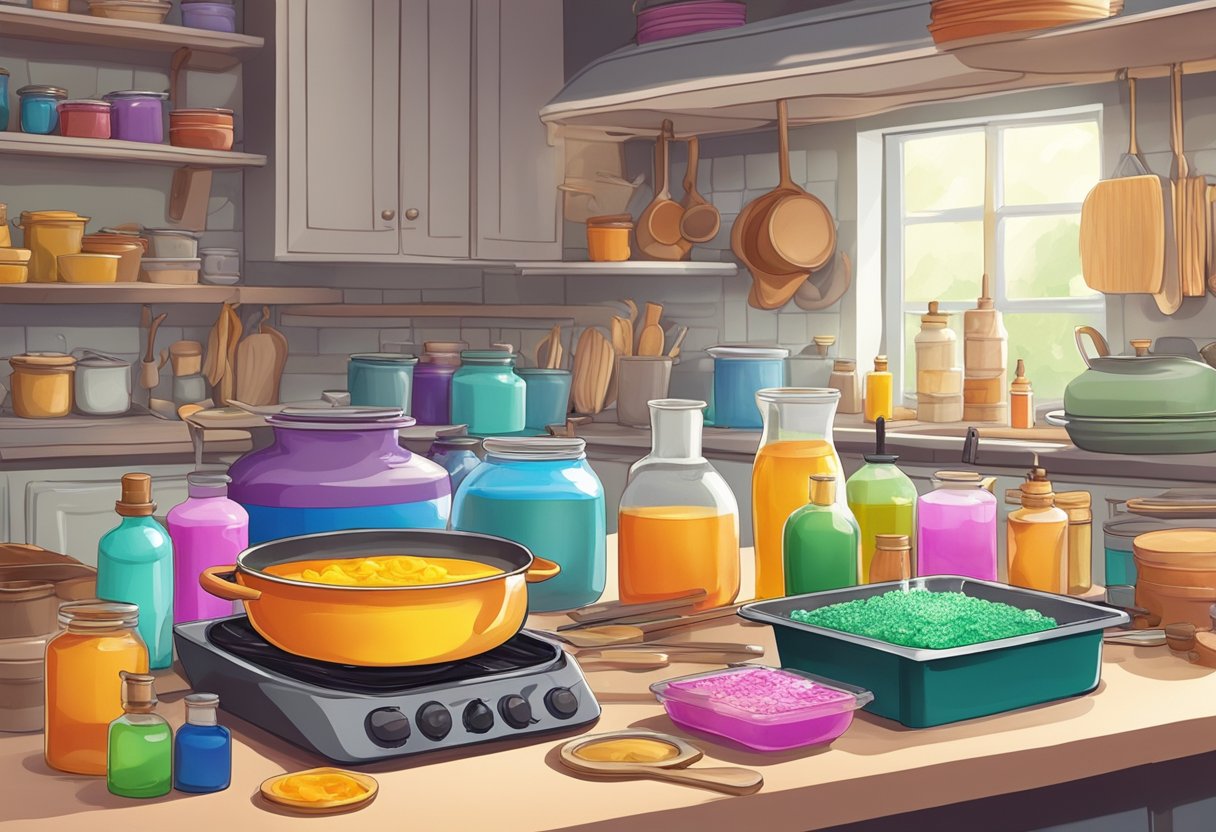 A cozy kitchen with a cluttered table filled with colorful wax, fragrance oils, wicks, and molds. A pot of melted wax sits on a hot plate, ready to be poured into the waiting molds