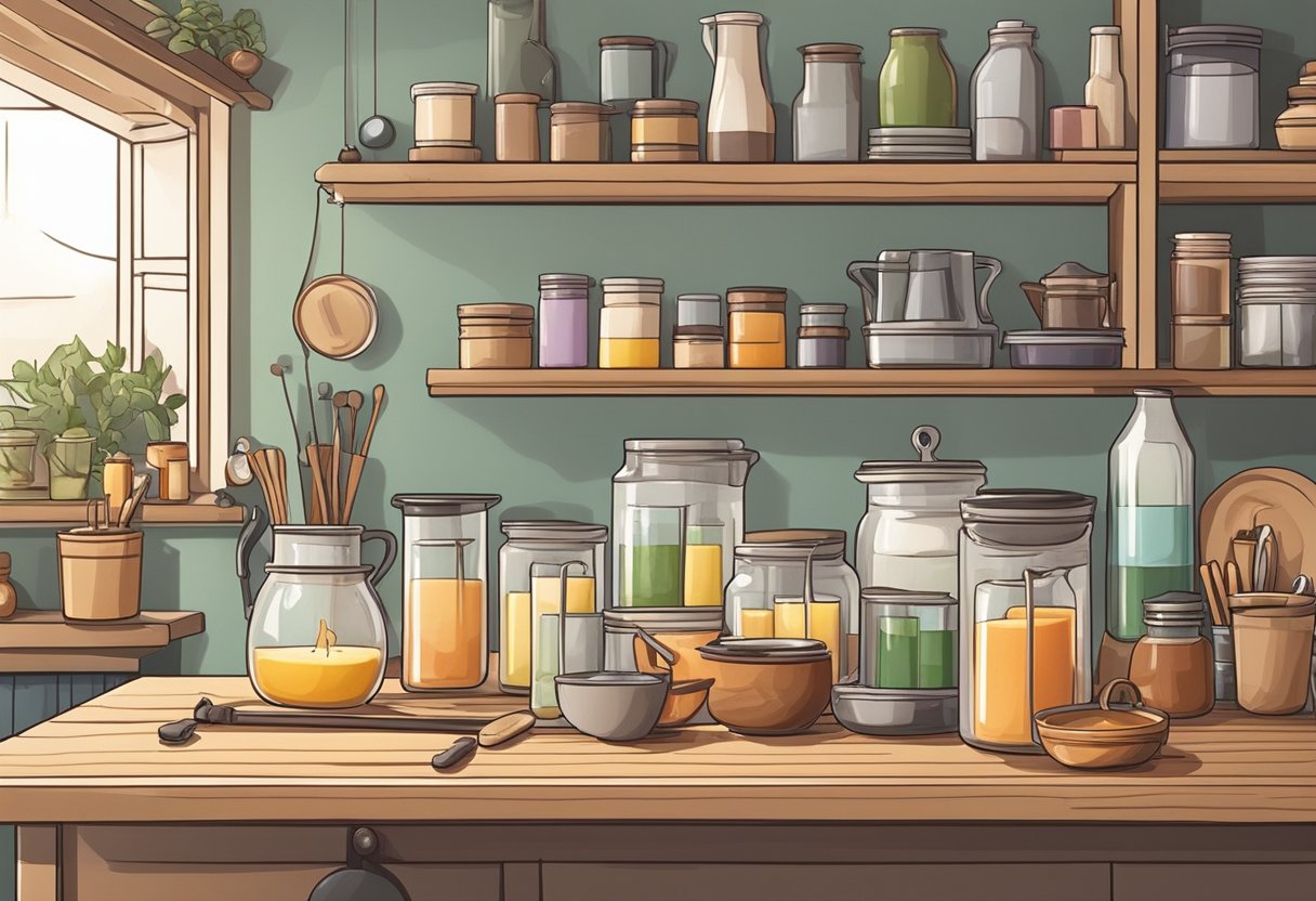 A cozy home kitchen with various candle-making supplies and equipment laid out on a clean, organized workspace. Ingredients like wax, fragrance oils, and wicks are ready to be mixed and poured into molds