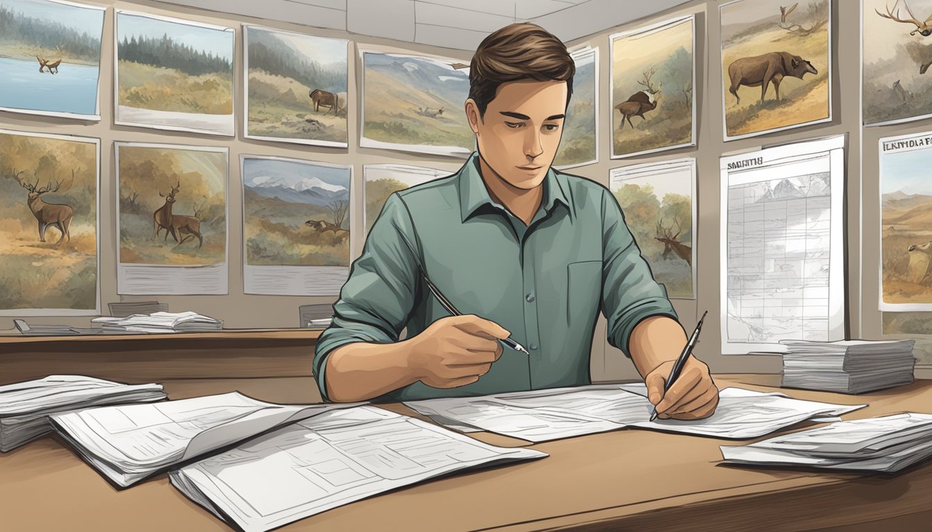 A person filling out a form at a government office, with posters displaying hunting scenes and wildlife in the background