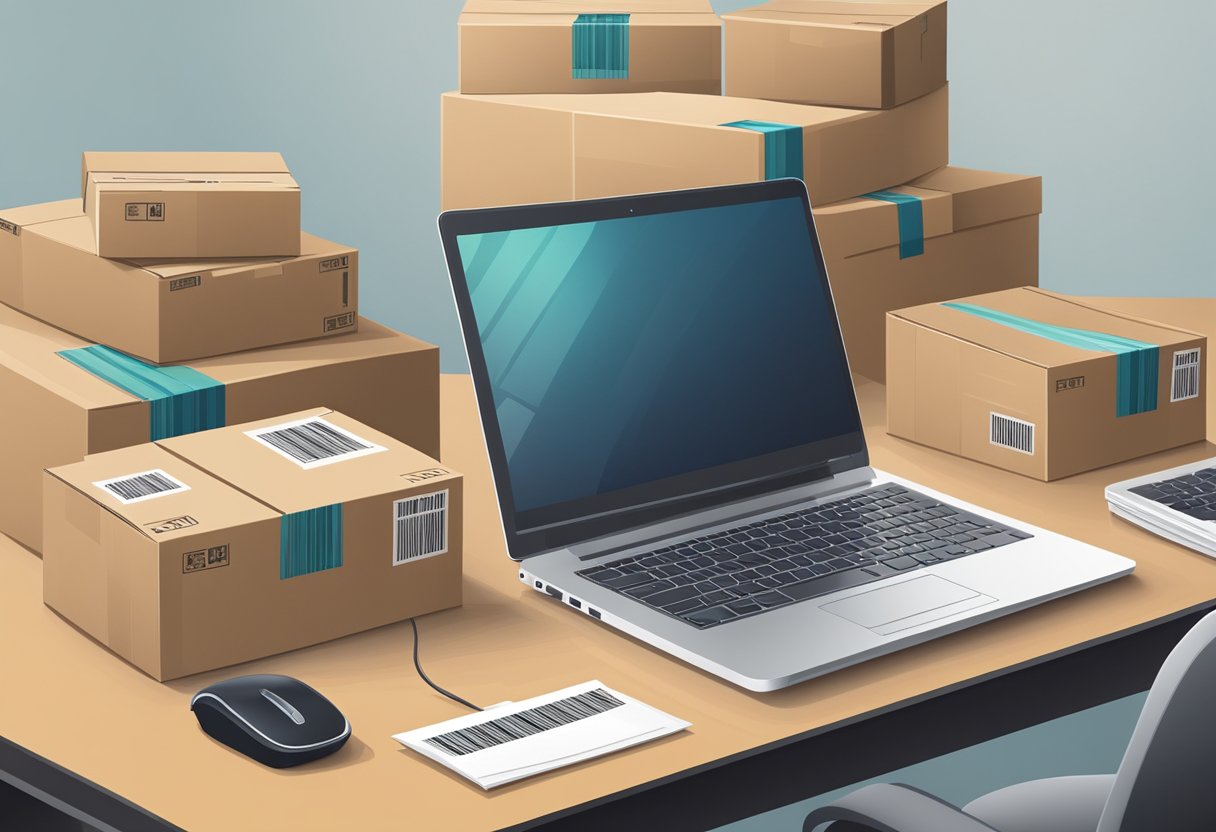 A laptop on a desk with a stack of shipping boxes and a barcode scanner