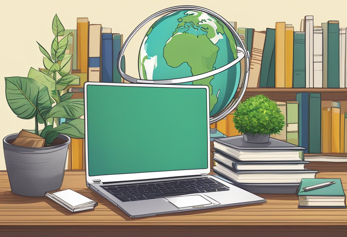 A laptop with a globe and a light bulb on a desk, surrounded by stacks of books and a plant