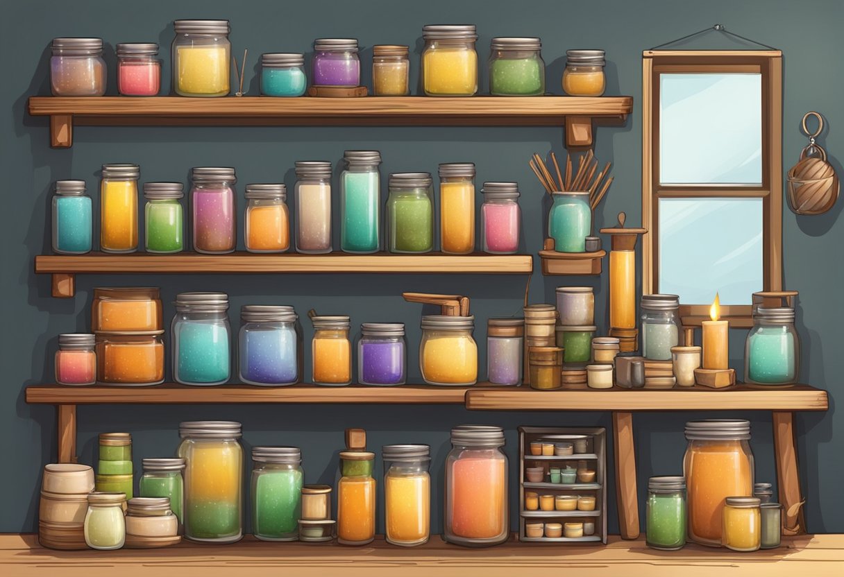 A cozy home workshop with various candle-making supplies, including wax, molds, fragrances, and wicks. Shelves display finished candles in jars and tins