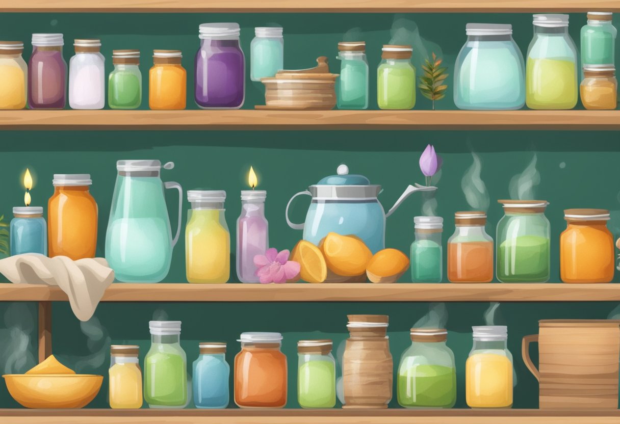 A cozy home kitchen with various candle-making supplies and equipment neatly arranged on a wooden table, surrounded by shelves filled with colorful jars and fragrant essential oils