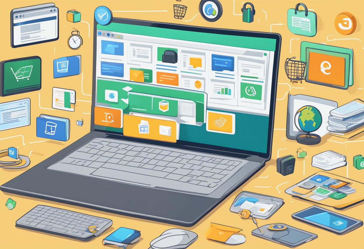 A laptop with an open browser displaying legal guidelines, surrounded by icons representing various ecommerce platforms