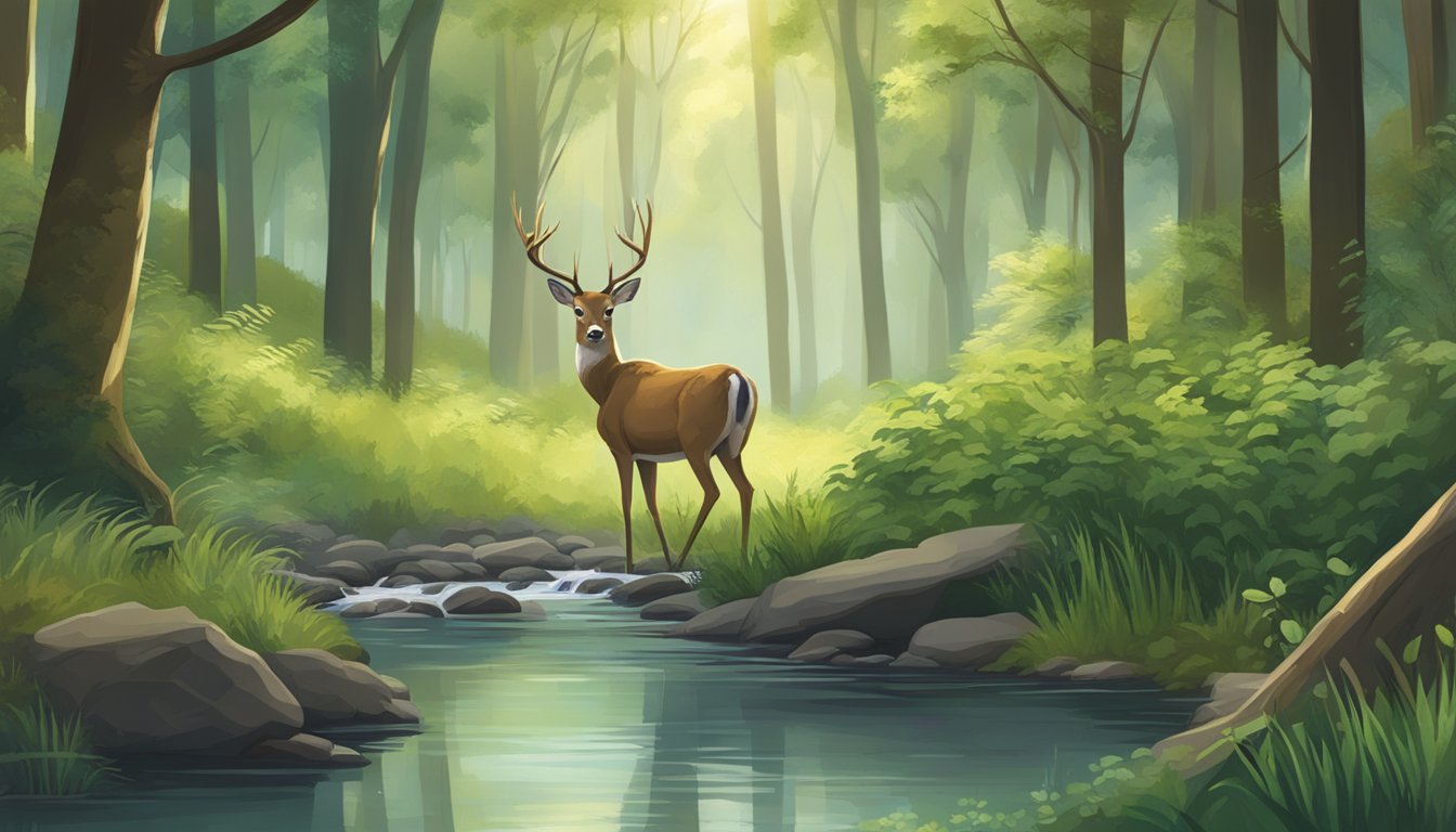 A serene forest clearing with a deer drinking from a stream, surrounded by lush greenery and wildlife