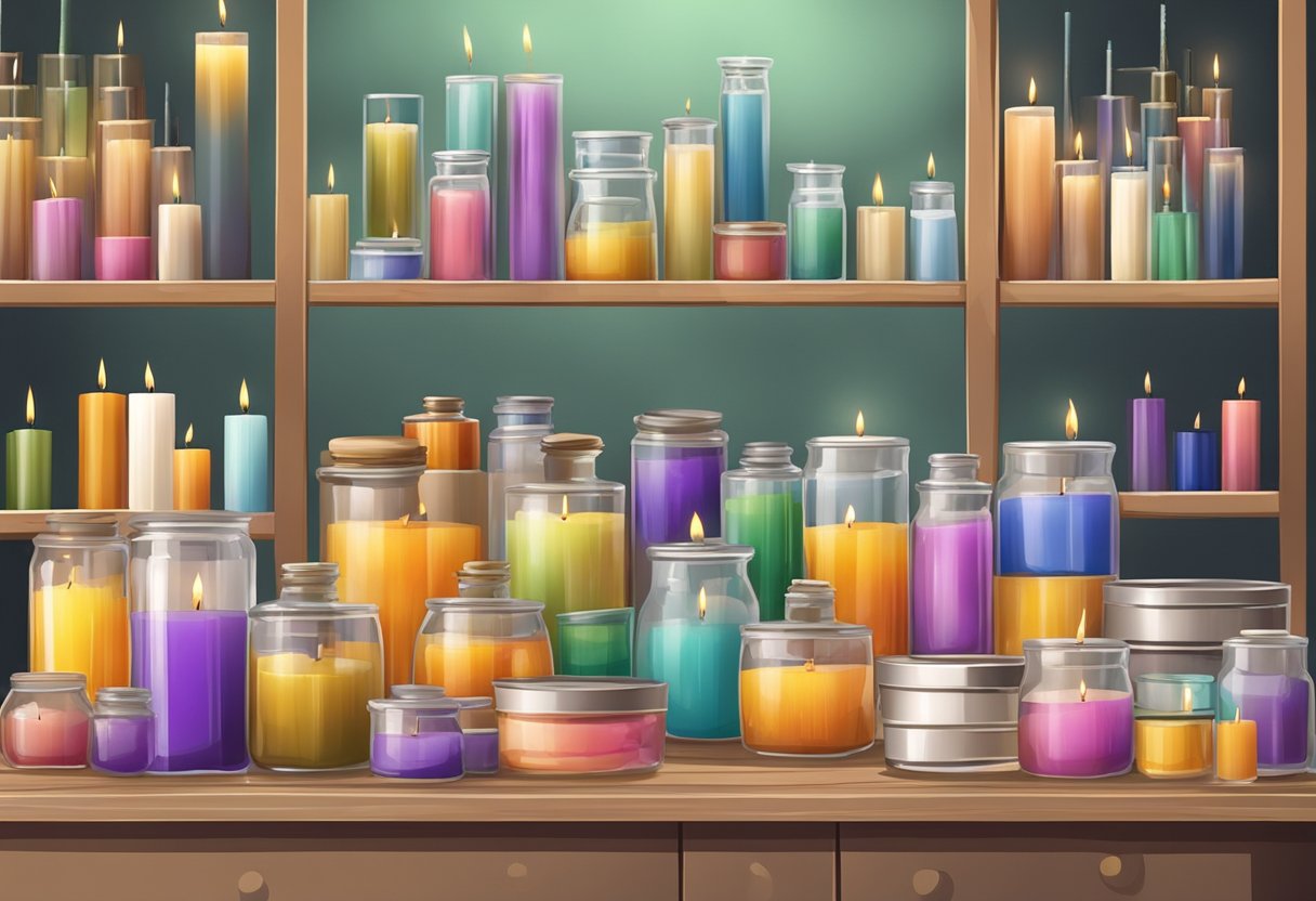 A table with various candle-making supplies: wax, wicks, fragrances, molds, and tools. Shelves stocked with finished candles of different sizes and scents