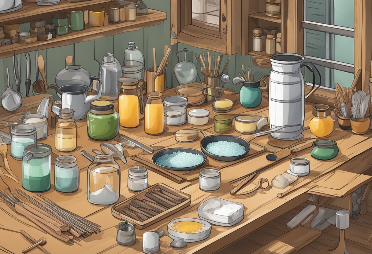 A cozy kitchen table with various candle-making supplies and tools laid out, including wax, molds, fragrances, and wicks