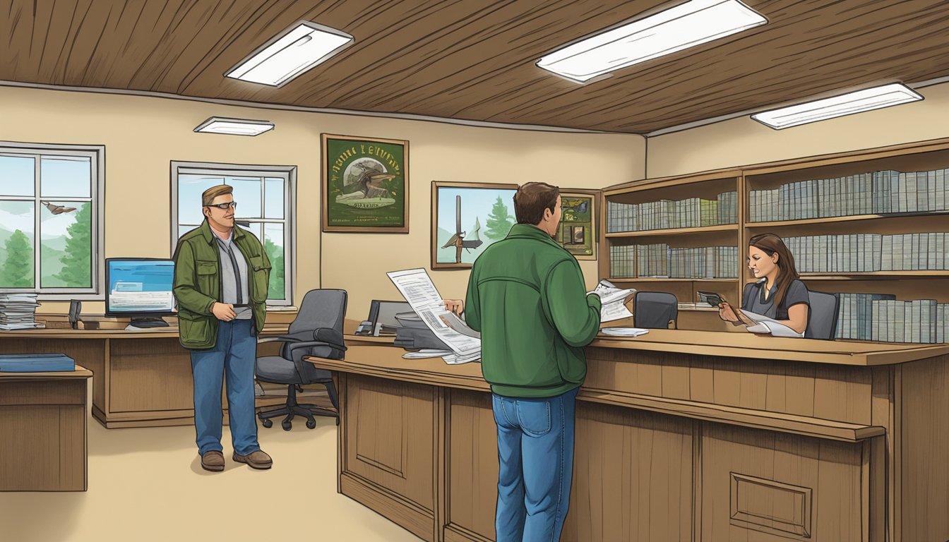 A hunter in Kentucky purchasing a license at a wildlife agency office, with a clerk assisting and providing information