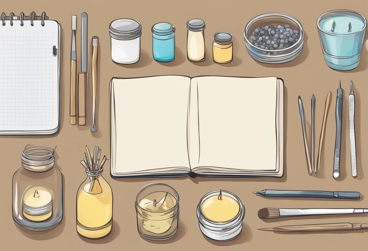 A table with various candle-making supplies: wax, wicks, molds, fragrances, and tools. A notebook with "FAQs" written on it