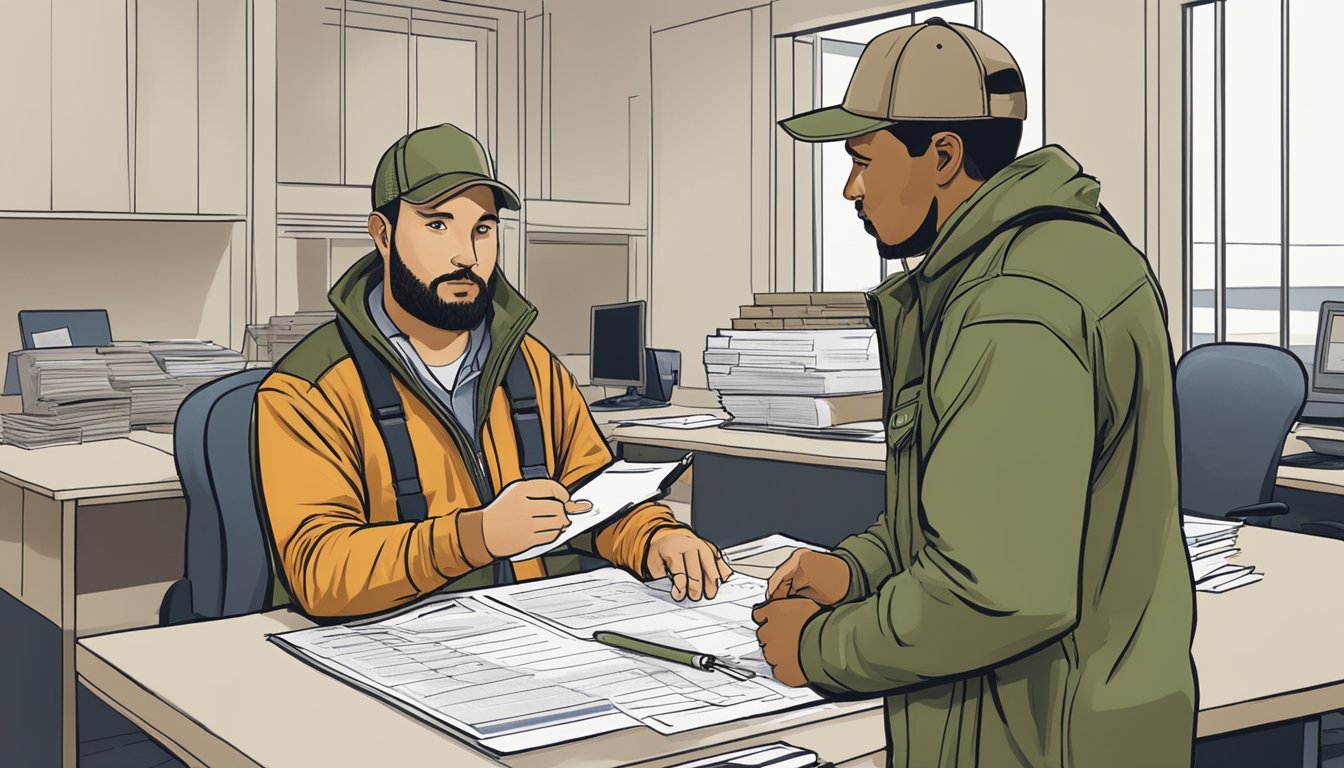 A hunter filling out a hunting license application at a Kentucky Department of Fish and Wildlife office, with a helpful staff member guiding them through the process