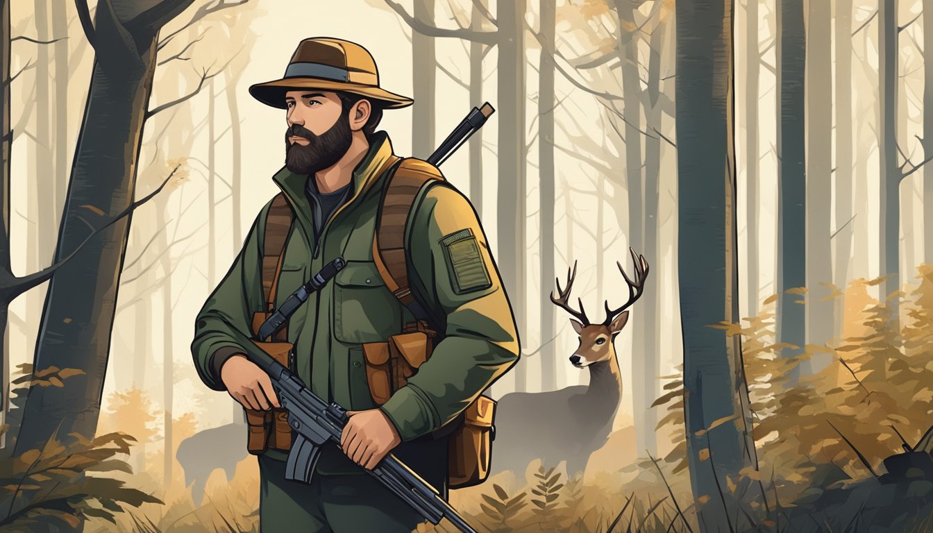 A hunter standing in a forest, holding a rifle with a hunting license in hand, while a deer grazes in the background