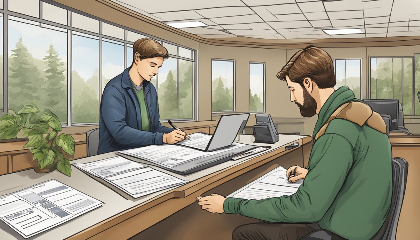 A person filling out a hunting license application at a government office counter