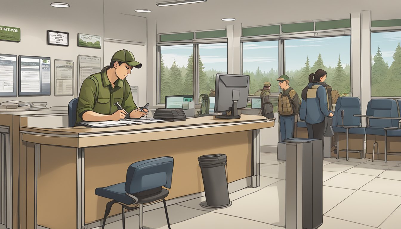 A person filling out a hunting license application at a government office counter