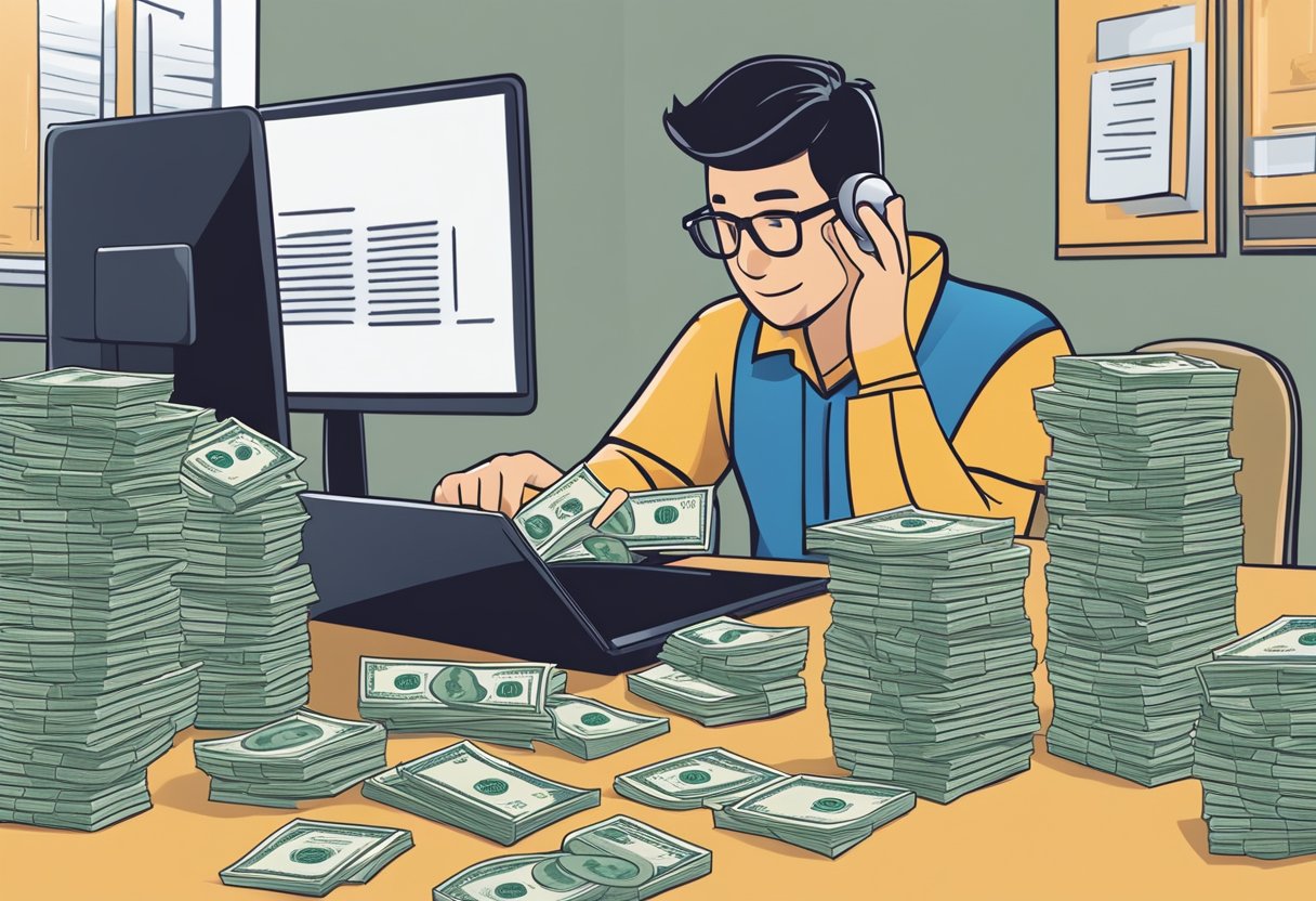 A person counting money from a stack of cash while sitting at a desk with a laptop and shipping boxes nearby