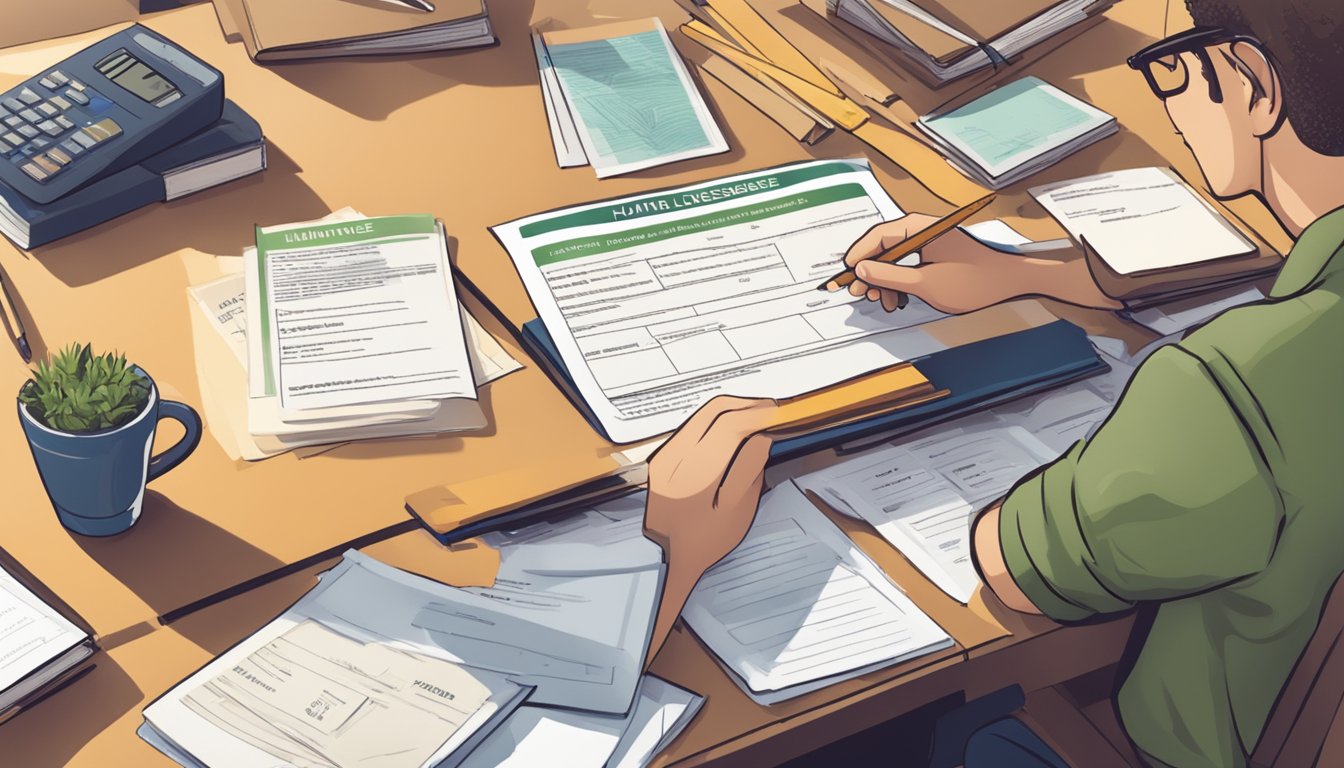 A person confidently filling out a hunting license application at a desk with educational materials and resources in the background