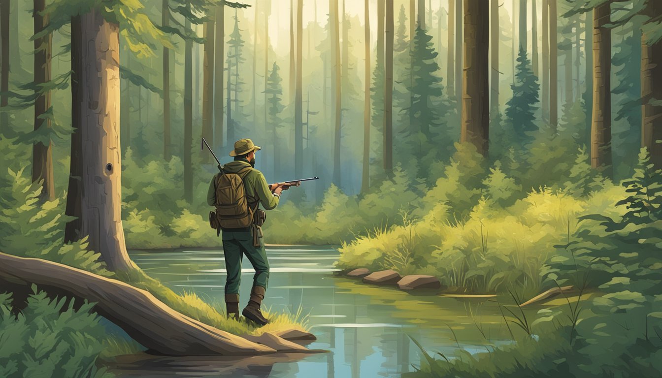 A tranquil forest with a hunter obtaining a hunting license from a Minnesota government office