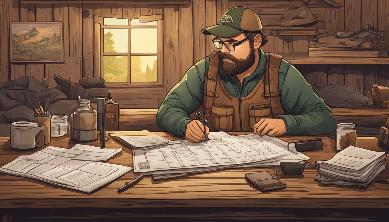 A hunter filling out a Mississippi hunting license application at a rustic wooden desk in a cozy cabin, surrounded by maps and hunting gear