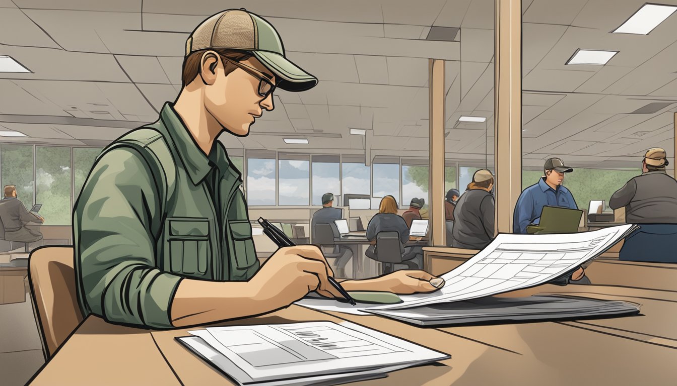 A person filling out a hunting license application at a Minnesota Department of Natural Resources office