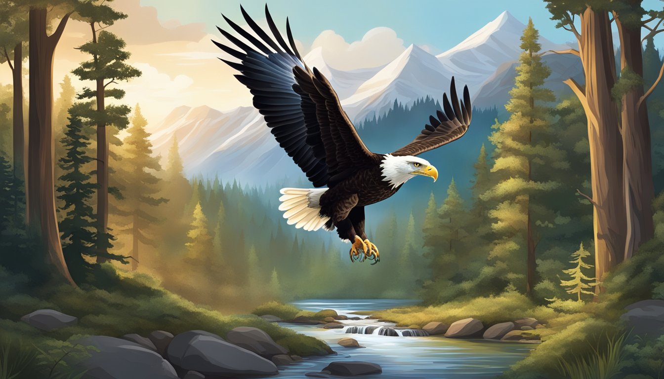 A serene forest with diverse wildlife, a flowing stream, and a majestic bald eagle soaring overhead