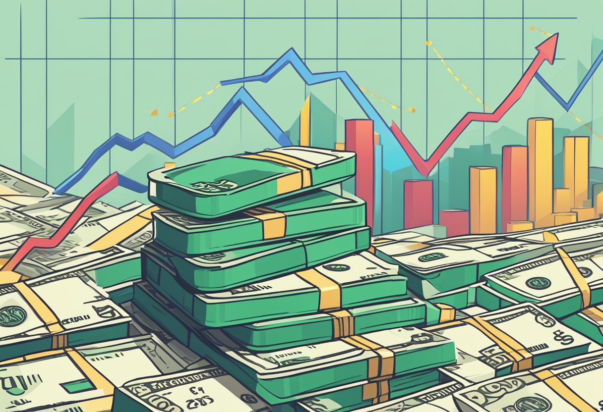 A stack of cash and a line graph showing an upward trend