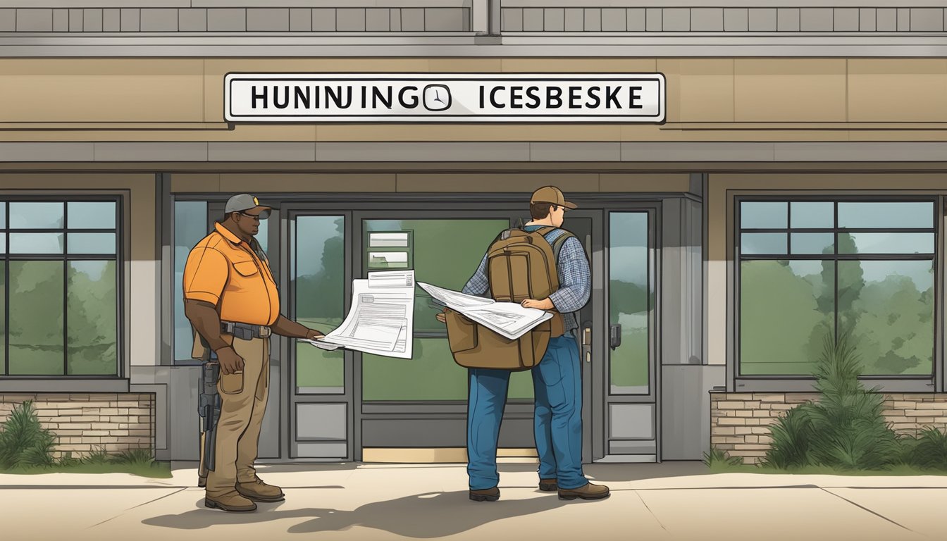 A hunter holding a Mississippi hunting license application form, standing in front of a state wildlife agency office with a helpful staff member assisting them through the process