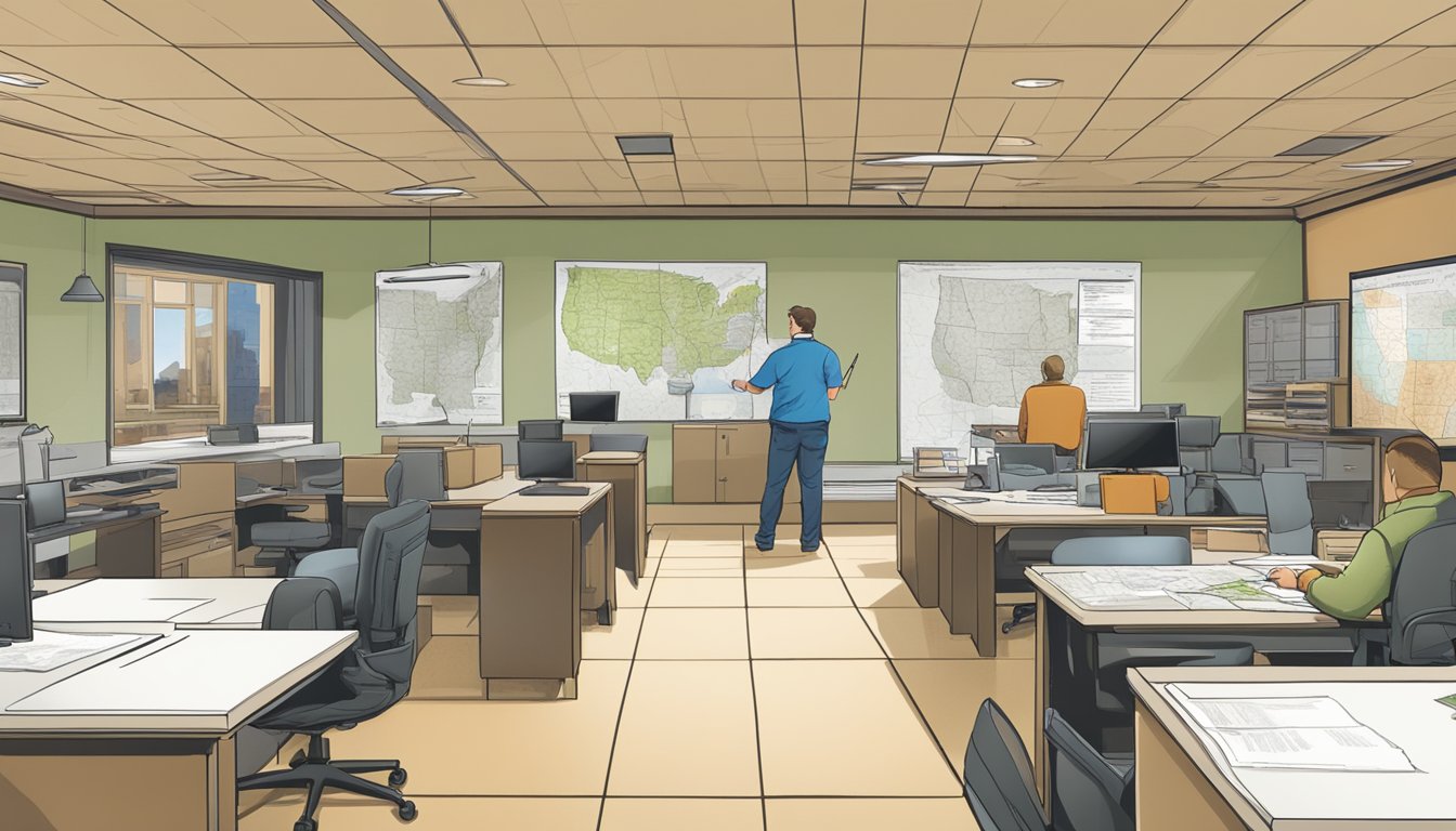 A person filling out a hunting license application at a Minnesota Department of Natural Resources office, with a map of hunting areas on the wall