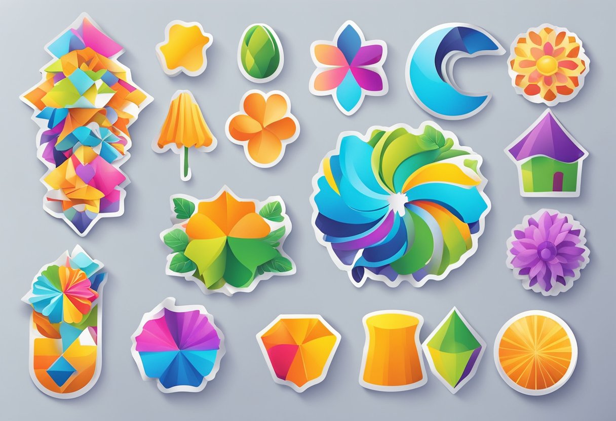 A colorful die-cut sticker sheet with various shapes and designs arranged on a table, ready to be used for marketing purposes