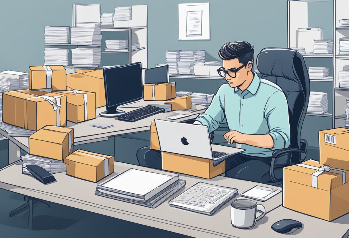 A dropshipper at a desk, surrounded by packages and a computer, calculating profits and managing orders