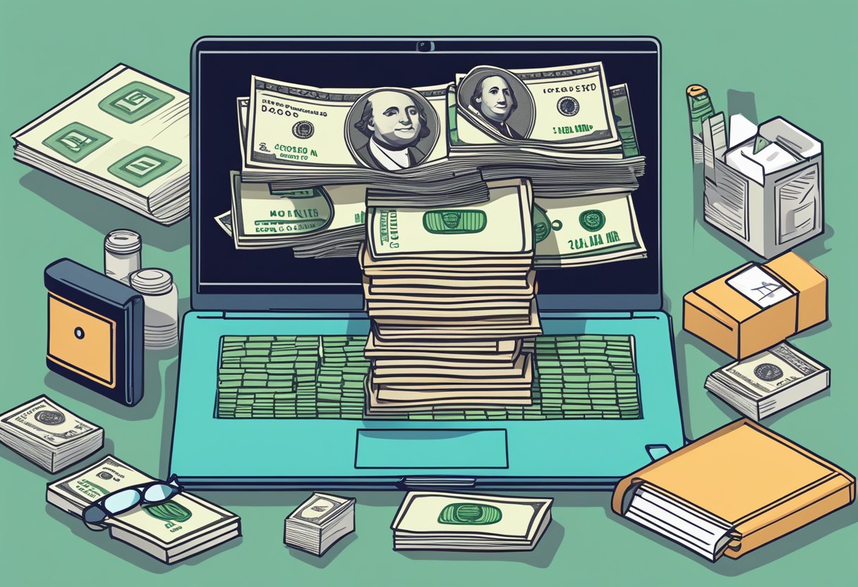 A stack of dollar bills surrounded by various products and a laptop, symbolizing the success of dropshippers