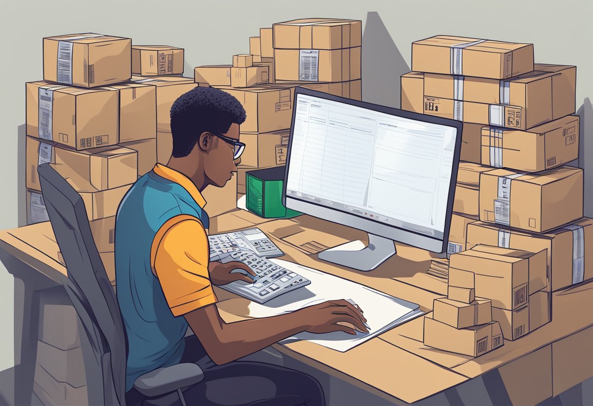 A person sitting at a computer, surrounded by stacks of shipping boxes and products. A calculator and notepad are nearby, with a look of determination on the person's face