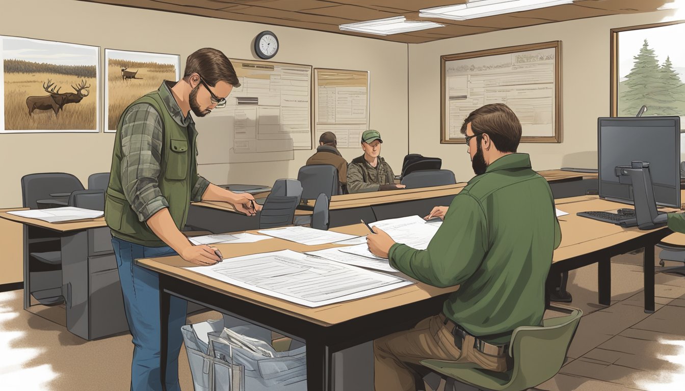 A person filling out a hunting license application at a Nebraska wildlife office, with a helpful staff member guiding them through the process