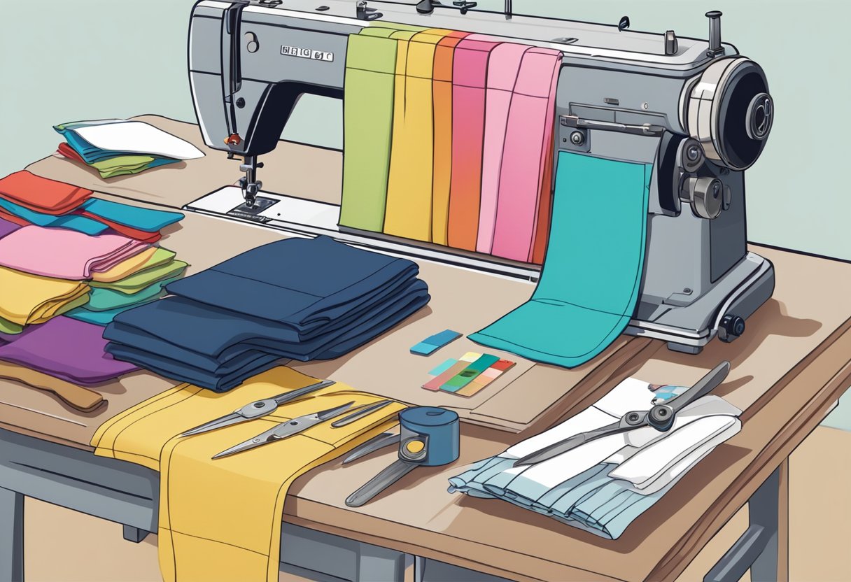 A table with various fabric swatches and sewing tools, alongside a sewing machine and a stack of finished shirts