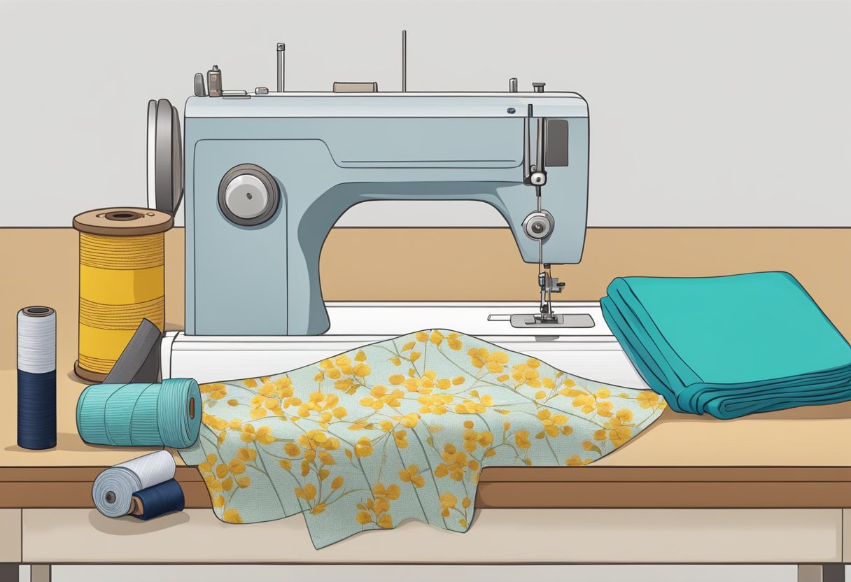 A table with fabric, scissors, thread, and a sewing machine. Pins, measuring tape, and a shirt pattern are laid out