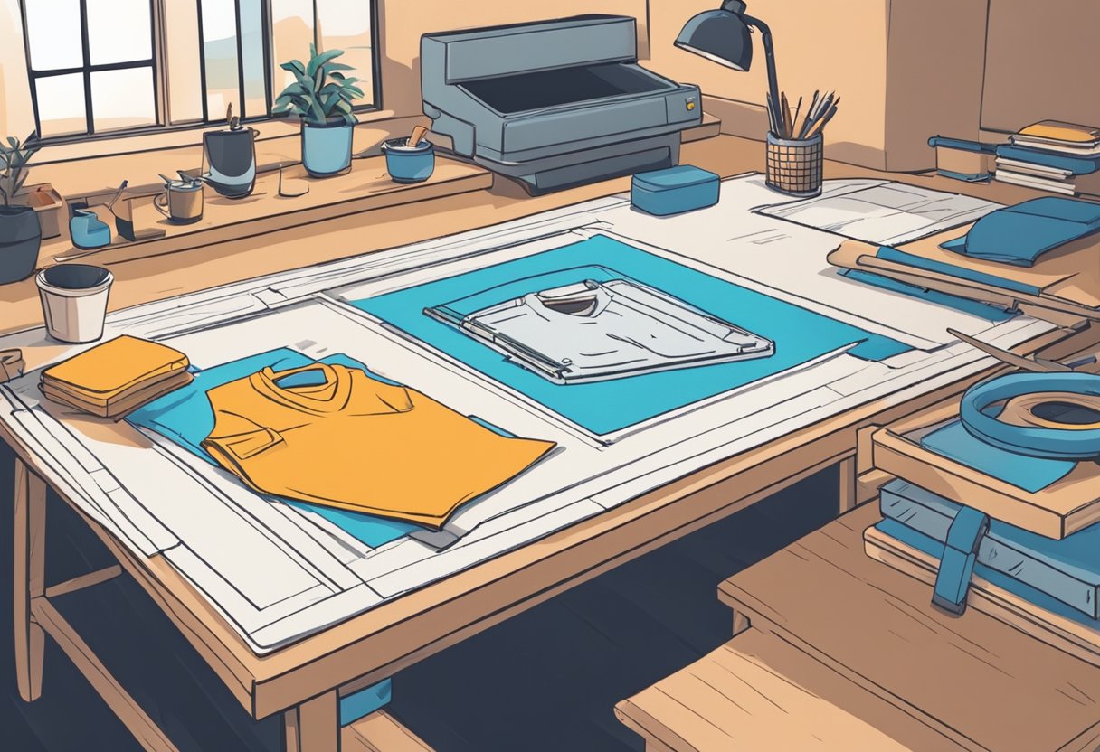 A person using a screen printing kit to create custom designs on a shirt at a home workspace. Ink, squeegee, and blank shirts are laid out on a table