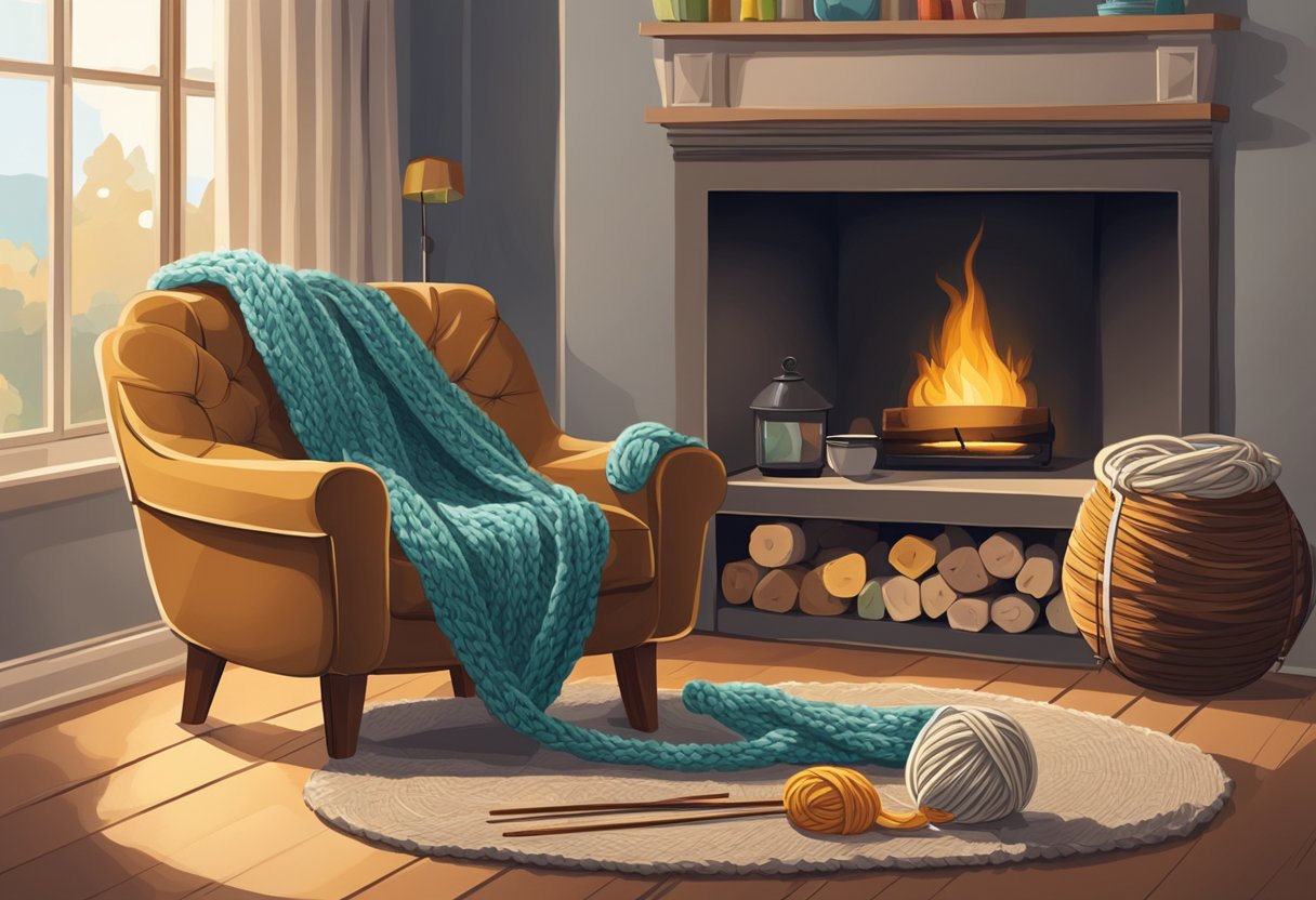 A pair of knitting needles and a ball of yarn arranged on a cozy armchair by a crackling fireplace