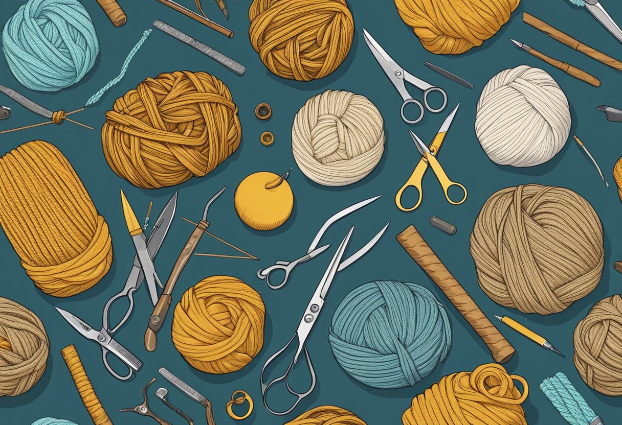 A table with various beanie materials and tools laid out for crafting. Yarn, needles, scissors, and a pattern are visible