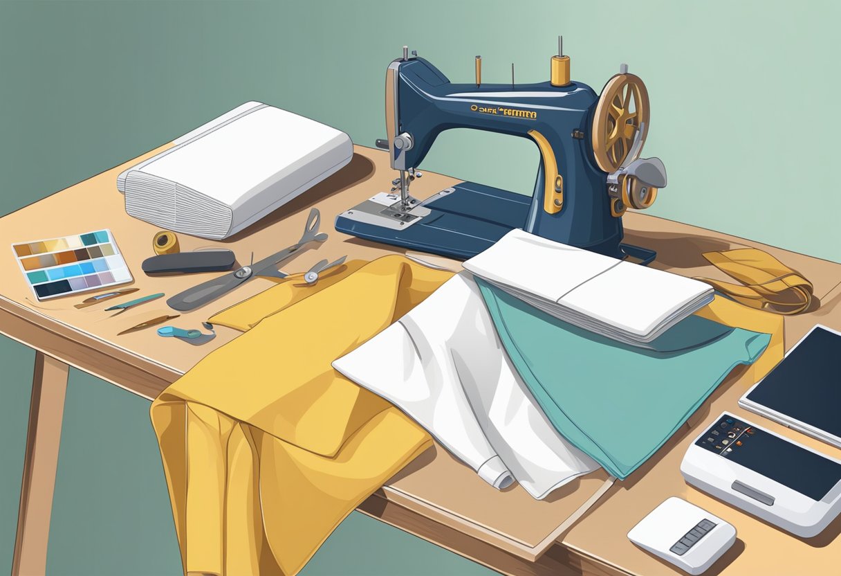 A table with fabric, scissors, thread, and a sewing machine. A computer with design software open. A stack of blank t-shirts