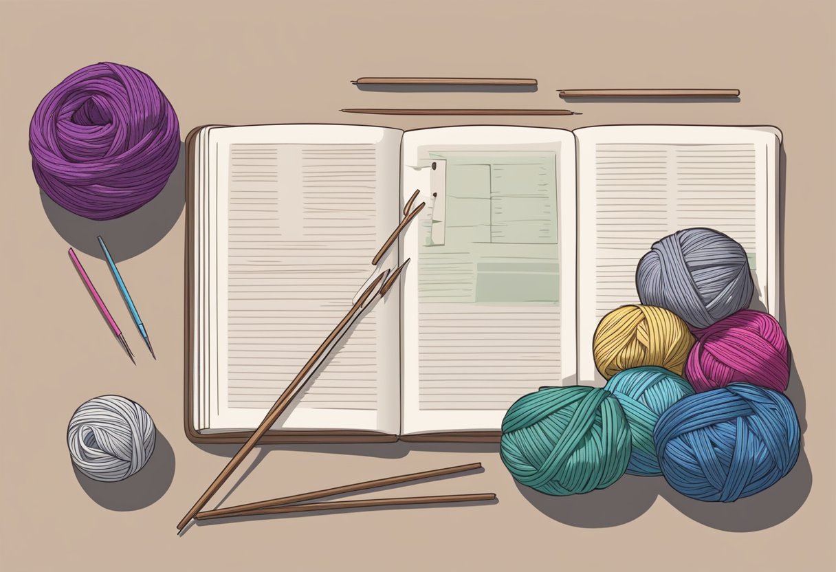 A table with yarn, knitting needles, and a pattern book for making a beanie