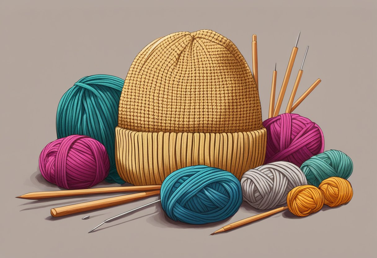 A table with yarn, knitting needles, and a beanie pattern laid out