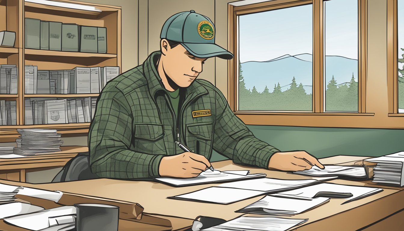 A hunter filling out paperwork at a New Hampshire Fish and Game office to obtain a hunting license