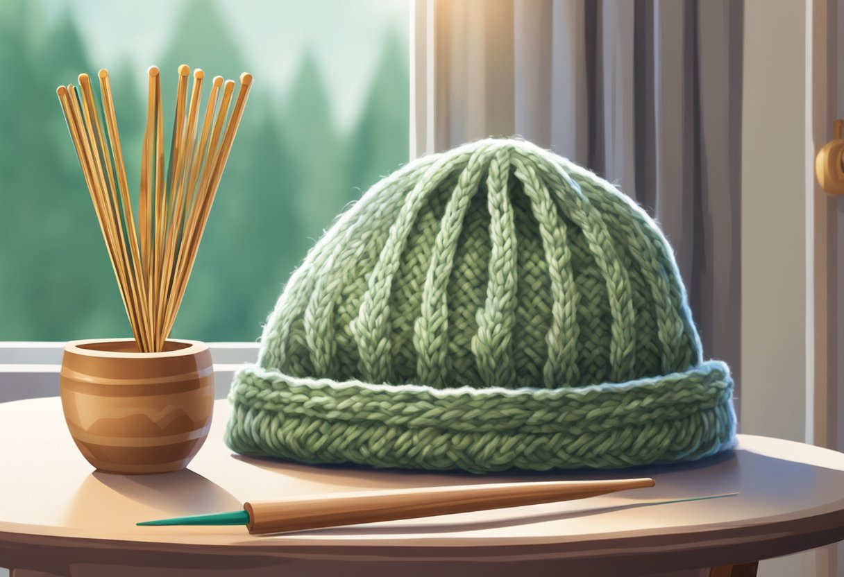 A pair of knitting needles working yarn into a beanie, with a pattern on the table and a cozy chair in the background