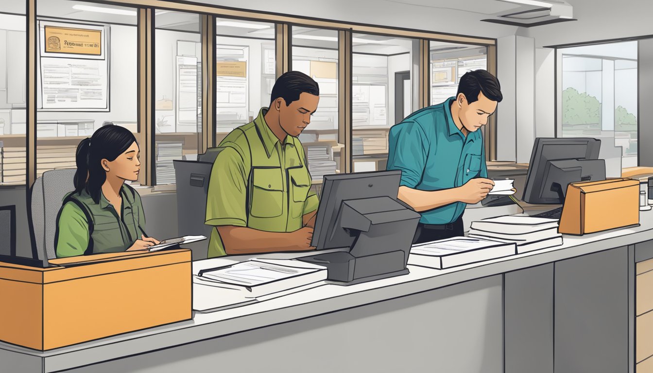 A person filling out a hunting license application at a government office counter, with a clerk assisting them