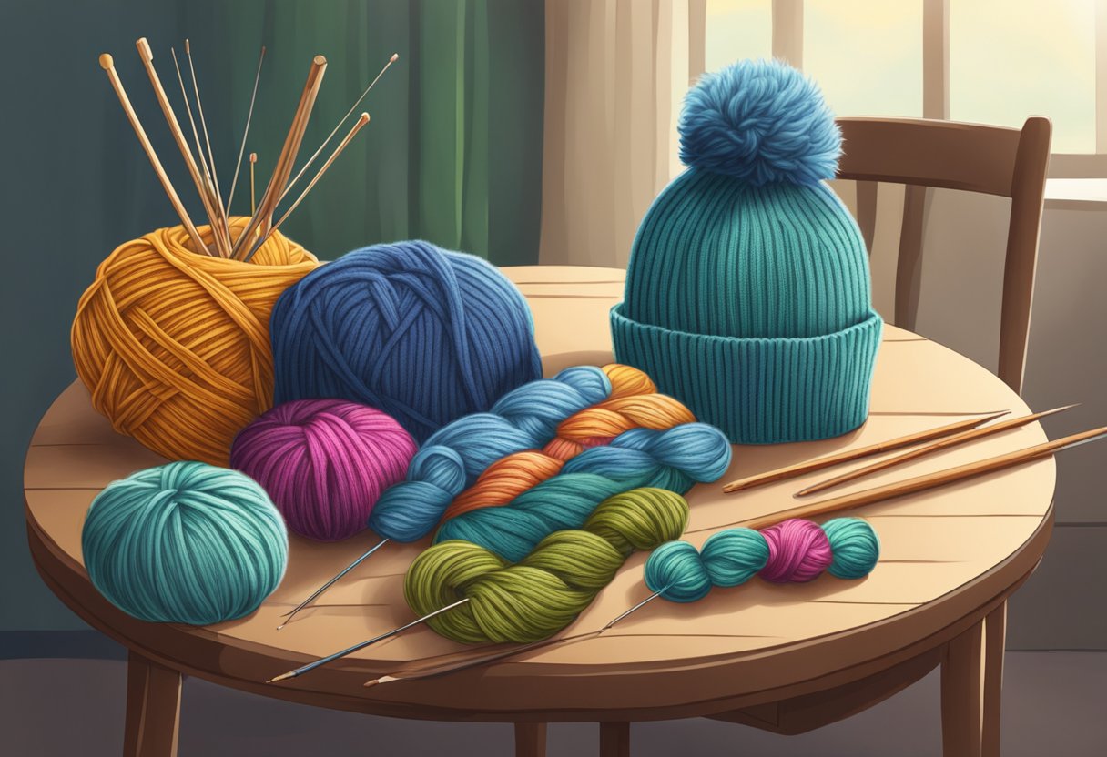 A table with knitting needles, yarn, and a finished beanie