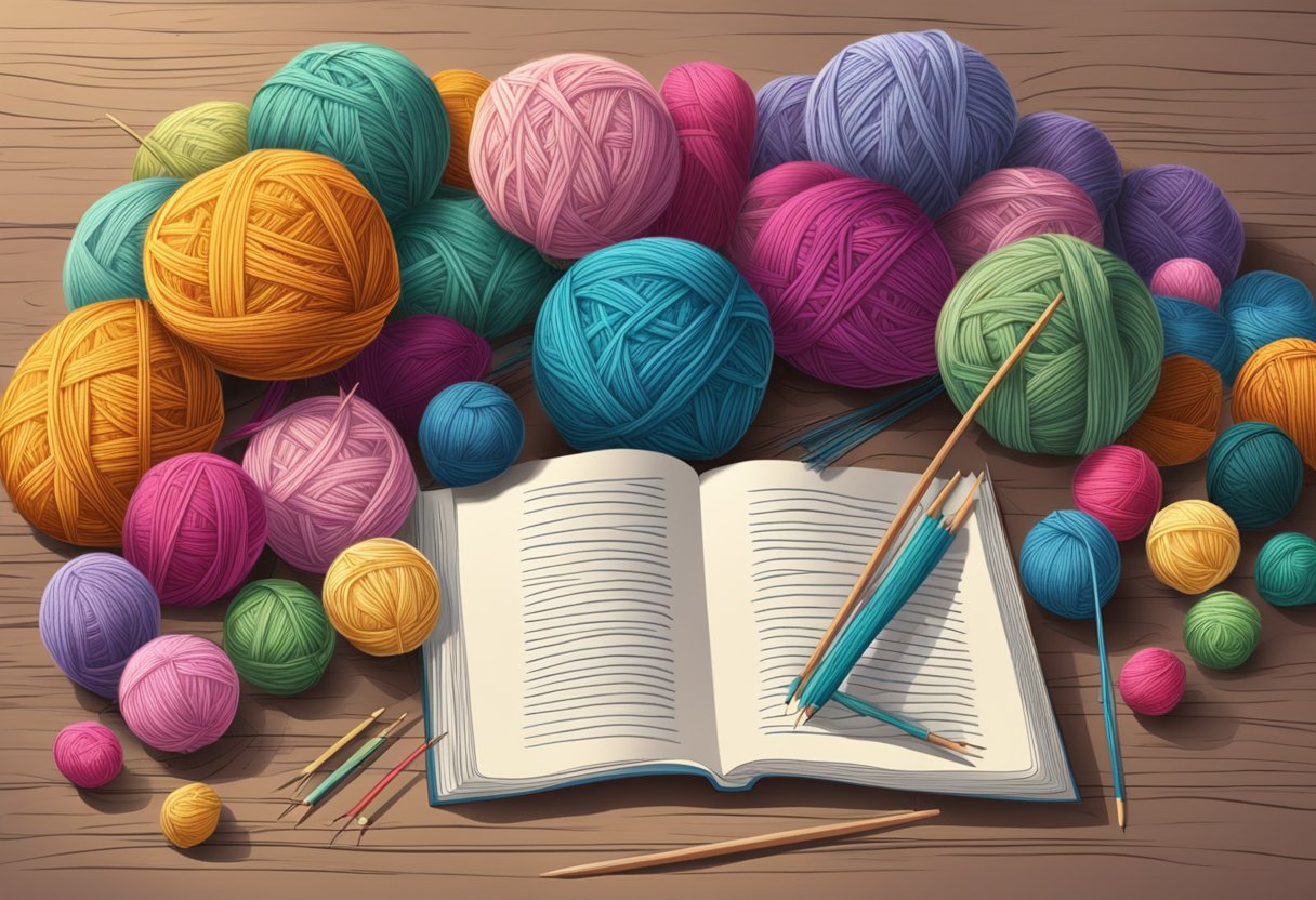 A table with yarn, knitting needles, and a pattern book open to a beanie design. Different colored yarn balls scattered around