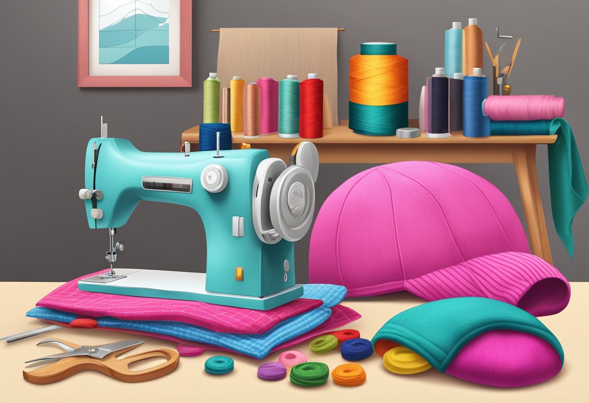 A table with sewing supplies, fabric, and a beanie template. A sewing machine and a finished beanie in the background