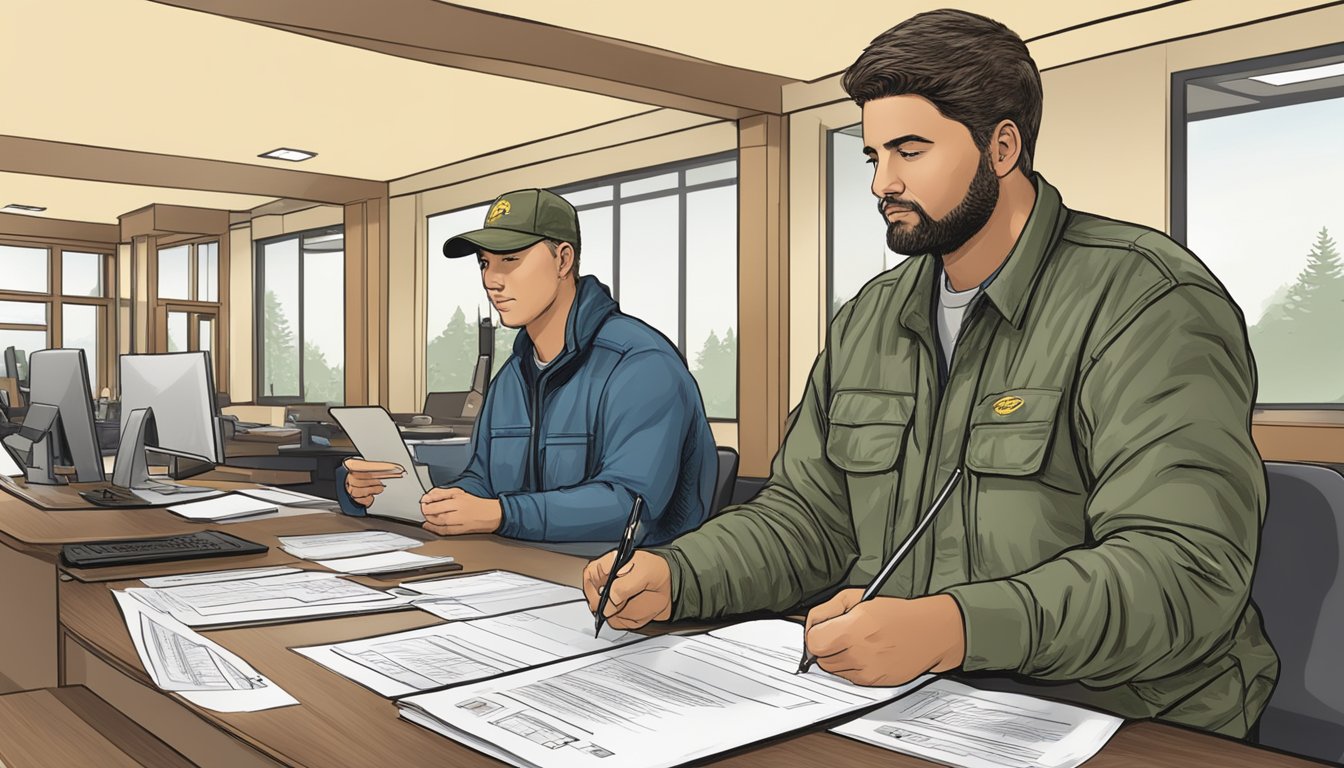 A person filling out a hunting license application at a New Jersey Department of Fish and Wildlife office